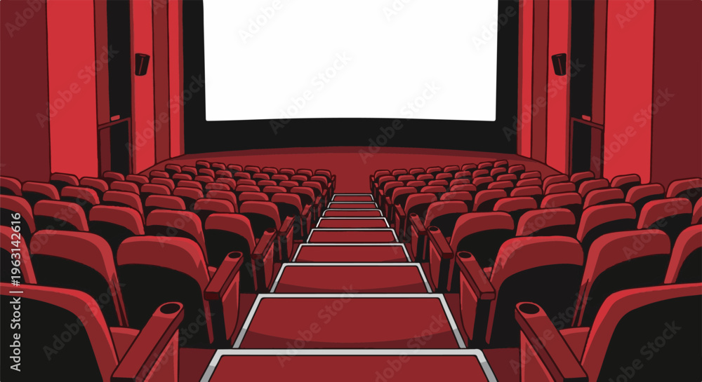 Fototapeta premium Empty red cinema seating faces a bright white screen with a dark backdrop