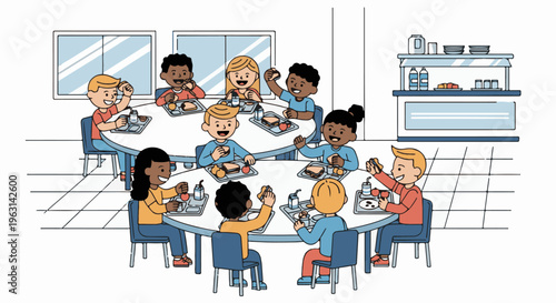 Diverse children joyfully eating lunch at round tables in a cafeteria setting