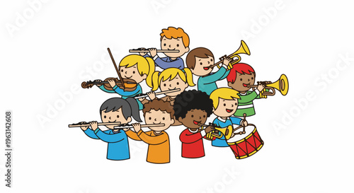 Diverse children joyfully play various instruments in a lively ensemble