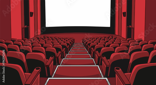 Empty red cinema seating faces a bright white screen with a dark backdrop