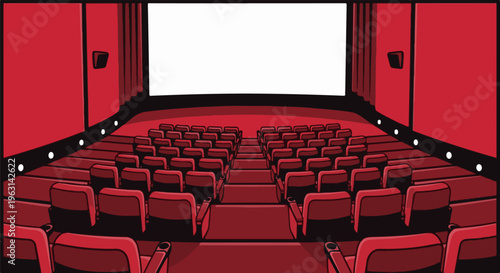 Empty red cinema auditorium with rows of seats facing a large white screen