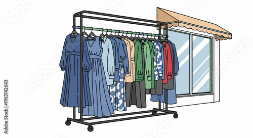 Diverse clothing items displayed on a rolling rack outside a storefront