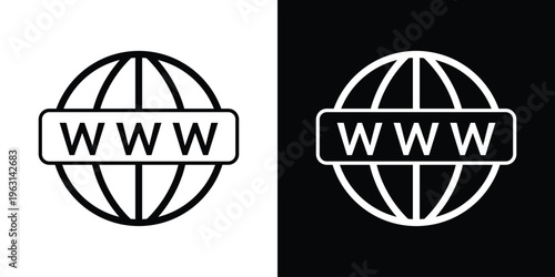 World wide web icon showing a globe with a prominent "WWW" banner overlay. High-quality vector symbol for domain registration, hosting services, and global internet access.