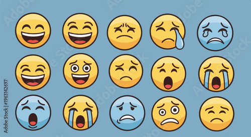 Diverse emoji faces express a range of emotions, from joy to sadness, in a grid