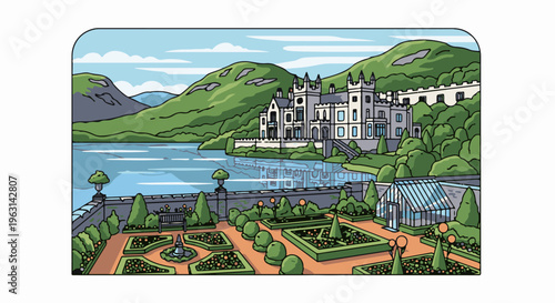 Estate with castle, formal gardens, greenhouse, lake, and rolling hills