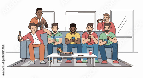 Diverse group of men relax on a couch, enjoying drinks and phones
