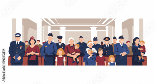 Diverse group of people in uniform and civilian attire stand attentively