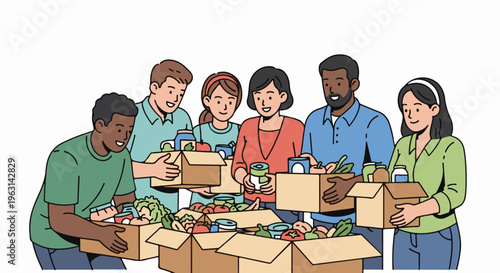 Diverse group of people packing food boxes for donation