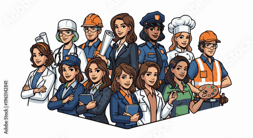 Diverse group of professionals, a doctor, builder, business, police, chef, artist