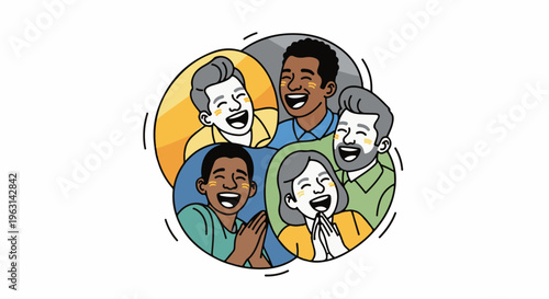 Diverse group of people joyfully laughing together in a colorful circular design