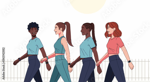 Diverse group of women in athletic wear holding hands and walking