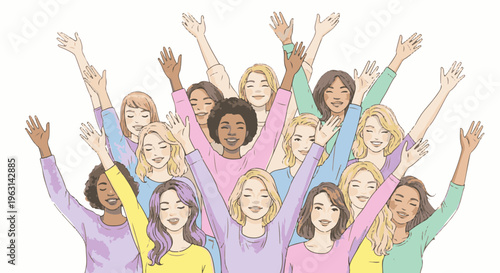 Diverse group of women joyfully raising their arms in celebration