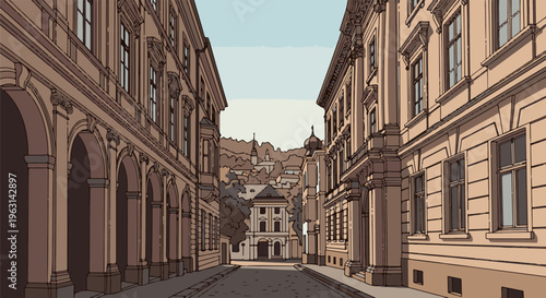 European street with old buildings and a view of a distant city on a hill