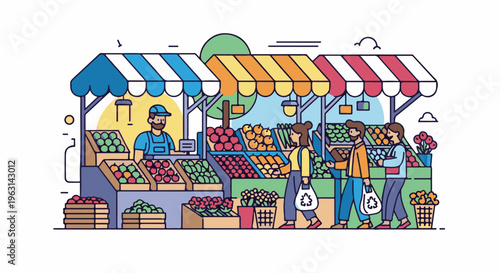 Diverse shoppers browse a vibrant outdoor fruit and vegetable market stall
