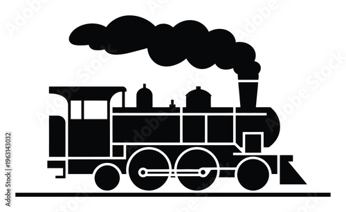 Black Silhouette of a Vintage Steam Train Emitting Smoke