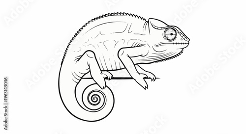 Detailed line drawing of a chameleon perched on a branch, coiled tail