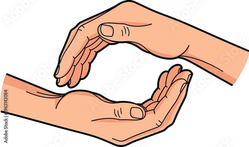 Two cupped hands making a circle isolated on white background. Hand drawn illustration of palms facing each other forming a circular shape, symbolizing care, support, protection, and unity in a minima