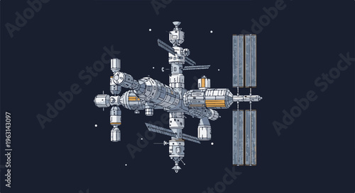 Detailed pixel art of a large, complex space station with solar panels