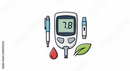 Diabetes monitoring kit with meter, lancet, pen, blood drop, leaf