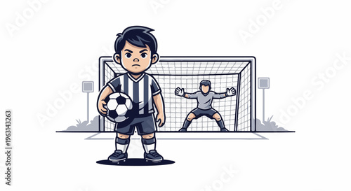 Determined young soccer player with ball faces goalie at goal