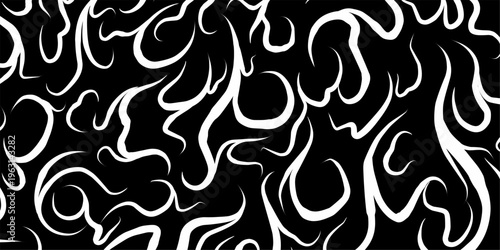 Fluid tribal flame pattern vector. White organic wavy lines on black background, perfect for streetwear, liquid metal aesthetic, and edgy textile print