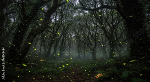 Mysterious foggy forest with fireflies.
