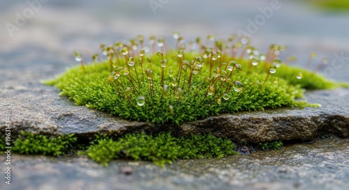 Moss growing on cracked stone surface.