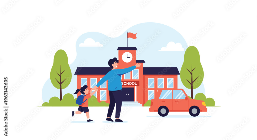 Fototapeta premium Happy father walking his young daughter to the school building entrance while waving goodbye near their parked orange family car.