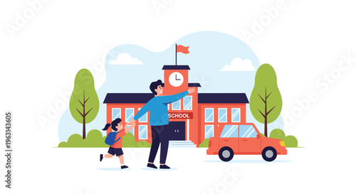 Happy father walking his young daughter to the school building entrance while waving goodbye near their parked orange family car.