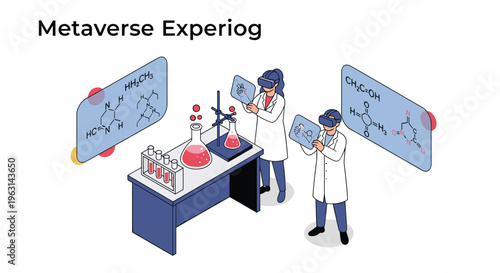 Professional scientists wearing virtual reality headsets perform chemical experiments in a modern laboratory using metaverse technology.