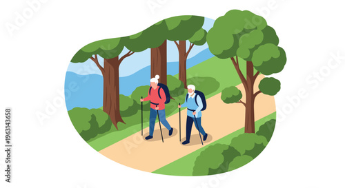 Active senior couple enjoying a healthy lifestyle while power walking with hiking poles along a scenic forest trail outdoors.