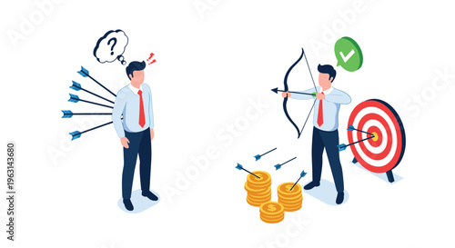 Comparison between a frustrated businessman with failure arrows and a successful archer hitting the target and earning money.