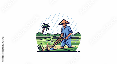 Farmer plows field with traditional tool amidst rain and tropical foliage