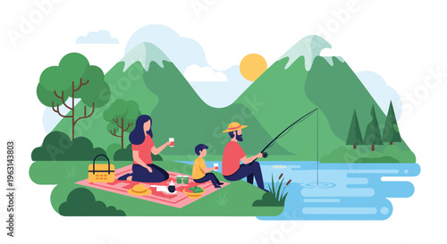 Happy young family enjoying a relaxing outdoor picnic and fishing trip together by a beautiful blue lake with mountain views.