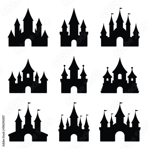 Collection of nine black silhouette castle with varying