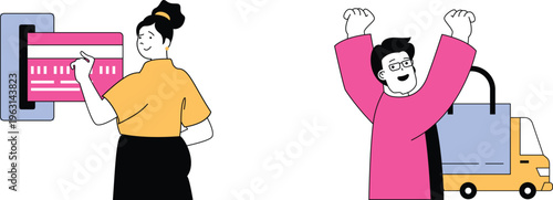 Happy woman shows excited man a delivery confirmation on a digital device while he celebrates with arms raised near a truck