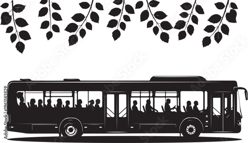 Black silhouette of a city bus with passengers and leafy branches