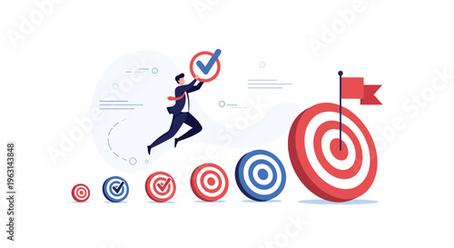Determined businessman jumping across a series of small targets towards a final large target representing his ultimate success.