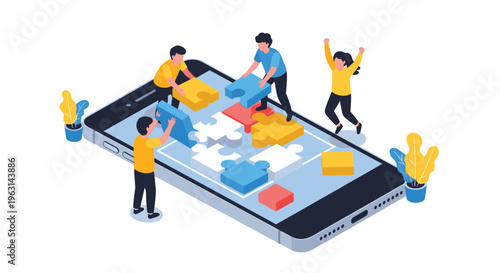 Team of diverse people collaborating to complete a jigsaw puzzle on a large smartphone screen symbolizing modern app development.