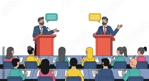 Two politicians engaging in a formal public debate on stage while a seated audience takes notes during the speaking event.