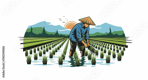 Farmer tending to rice paddy under a sunset with mountains and birds