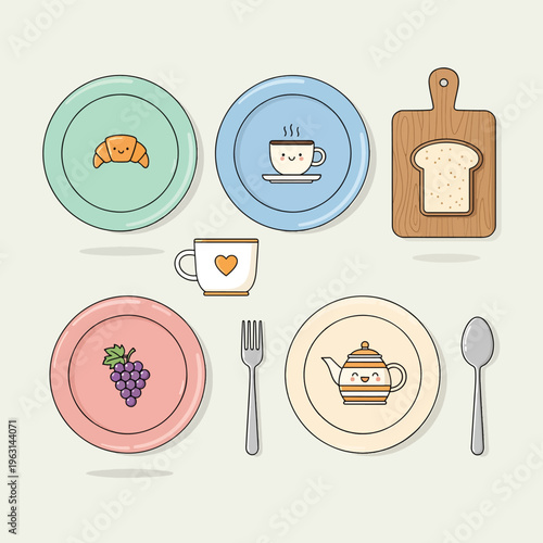 Colorful plates with food and drink icons on table setting