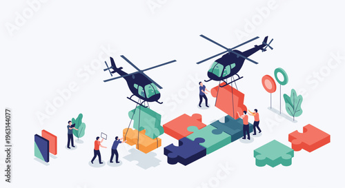 Large scale collaboration project featuring helicopters lifting giant puzzle pieces while a team of people works on the ground.