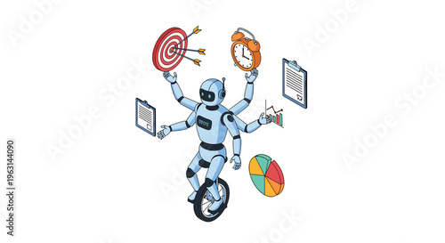 Multitasking robot on a unicycle juggling business tasks like targets, time management, and detailed data analysis reports.