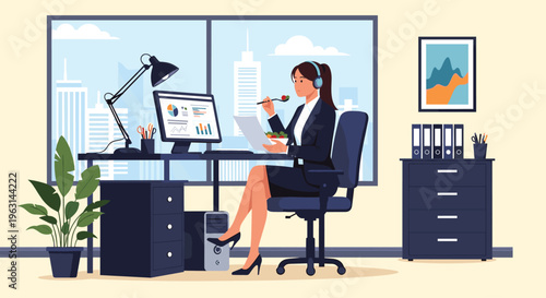 Professional woman multi-tasking by eating a healthy salad while working on her computer in a modern city office with a view.