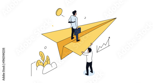 Successful businessman standing on a large yellow paper plane launched by a colleague to represent business takeoff and growth.