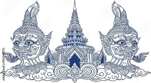 Traditional Thai Temple and Mythical Guardian Design - Intricate Line Art