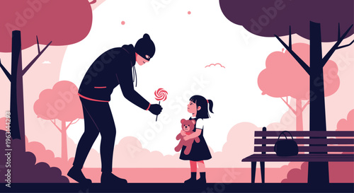 Safety awareness illustration of a suspicious stranger in a park offering candy to a young child to teach stranger danger.