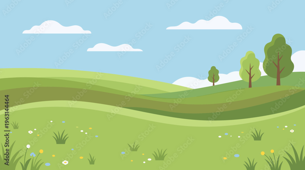 Obraz premium Beautiful green rolling hills with trees and fluffy white clouds in the bright blue sky.