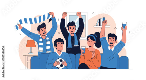 Diverse group of excited soccer fans cheering and watching an intense football match together on their television at home.